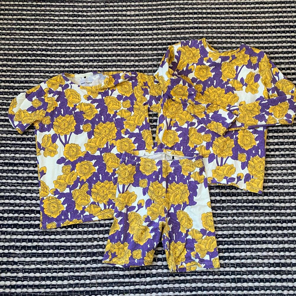 🌿Mini Rodini Girls Organic Cotton 3P Yellow Purple Floral Short Long Set 10/11Y